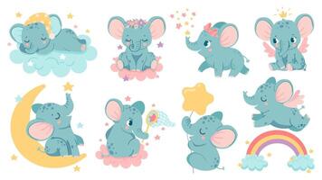 Dreaming elephant. Baby elephants sleep on cloud and moon, catch star or fly over rainbow. Magic animal girl with crown and wings vector set