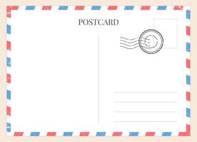 tarjeta postal modelo. papel blanco postal tarjeta trasero con sello y a rayas marco. vacío Clásico correo blanco letra para mensaje vector Bosquejo