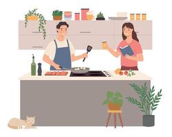 People cooking at home, happy couple at kitchen vector