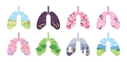 Healthy and unhealthy lungs, tobacco and pollution harm concept. Clear respiratory system with field, tree, flower. Diseased lung vector set