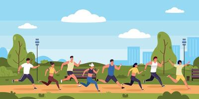 Marathon runners. Cartoon people running race in park, persons on sport exercises. Vector active competition illustration