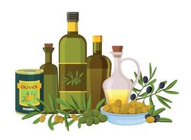 Olive oil set. Products made from olive branches. Black and green organic olives, jars and glass bottles vector