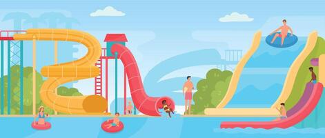 Flat summer aquapark landscape with parents and kids on water slides. Amusement swimming park with pool, spiral pipe and tube vector poster