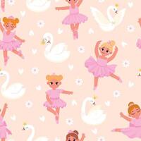 Cartoon little ballerina girls and swans seamless pattern. Fairy princess in pink dresses dancing ballet. Cute dancers for vector wallpaper