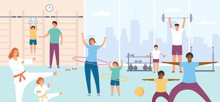 Parents and kids in gym. Families do exercise. Sport lesson or physical training for children. Karate, fitness and gymnastics vector concept