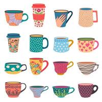 Trendy cups. Coffee and tea mugs in scandinavian style. Side view paper go-cup with modern flower patterns. Colorful porcelain vector set