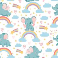 Elephants on rainbow seamless pattern. Magic animal print for kid nursery. Baby elephant in sky with clouds, stars and hearts vector texture