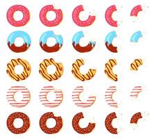 Eaten donut. Bitten chocolate donuts, pink icing with sprinkles top view. Animation stages of eating glazed doughnut with crumbs, vector set