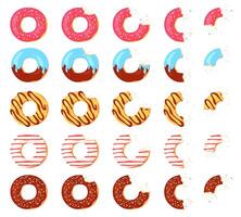 Eaten donut. Bitten chocolate donuts, pink icing with sprinkles top view. Animation stages of eating glazed doughnut with crumbs, vector set