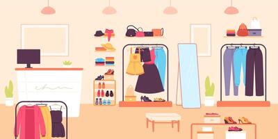 Fashion store. Clothing retail shop for women with dresses, shoes and bags. Boutique room with counter and clothes on shelf, vector interior