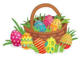 Easter decorated eggs in wicker basket. Colorful eggs with hearts, lines, dots and twirls decor for holiday vector