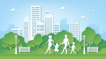 Paper art family in park. Green city environment with trees. Parents and kids walk outdoor. Paper cut clean nature landscape vector concept
