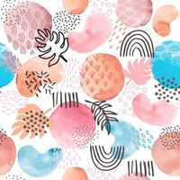 Watercolor abstract seamless pattern. Creative artistic paint shapes and geometric doodles, dots and line floral element. Vector art texture