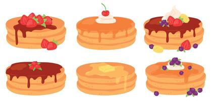Cartoon breakfast pancake stacks with maple syrup and berry toppings. Tasty pancakes with butter, chocolate, cream and strawberry vector set