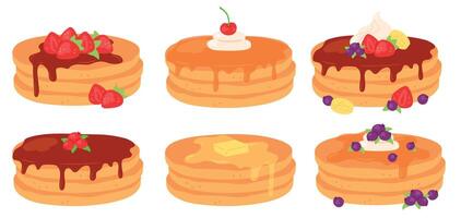 Cartoon breakfast pancake stacks with maple syrup and berry toppings. Tasty pancakes with butter, chocolate, cream and strawberry vector set