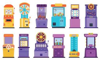 Cartoon casino gambling slot machines and fortune wheels. Racing arcade game, high striker and toy claw. Jackpot winning machine vector set