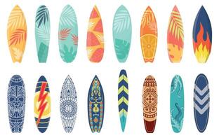 Cartoon surfing board with summer design and ethnic pattern. Surfboard with tropical leaf print, flame and lightning. Surf boards vector set