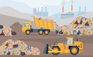 Landfill landscape with trash piles, bulldozer and garbage truck. Plastic pollution and waste recycling process. Garbage dump vector concept