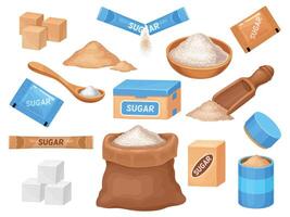Cartoon white and brown sugar in cubes, bag, bowl and spoon. Salt and sweet cooking ingredient in packages. Granulated cane sugar vector set