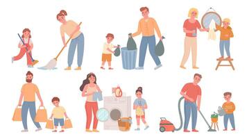 Kids and parents cleaning. Children helps adults with housework, sweeping, do laundry, throw out garbage. Cartoon family chores vector set