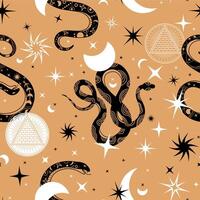 Mystic snakes seamless pattern. Print with snake silhouettes and astrology symbols. Magic ornate with stars, moon and snakes vector design