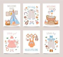 Nursery decor posters. Baby shower cards for boy and girl with newborn clothes, toys and crib in boho style. Cute childish print vector set