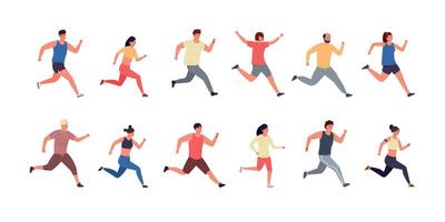 Running people. Cartoon athlete and runner men and women wearing sport clothes, jogging and running marathon. Vector isolated set