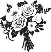 Graceful Petal Ensemble Black Bouquet Symbol Wedded Bloom Essence Monochrome Vector Icon