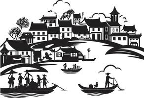 Nostalgic Riverbank Scene Vector Emblem Antique Riverside Charm Black Icon