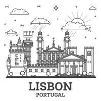 Outline Lisbon Portugal city skyline with modern and historic buildings isolated on white. Lisbon cityscape with landmarks. vector