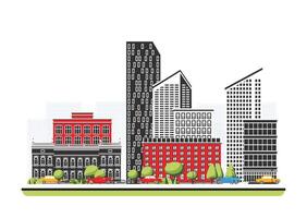 Business city district with skyscraper in flat style with trees. City scene isolated on white background. Urban architecture. Modern european architecture. Downtown street. vector