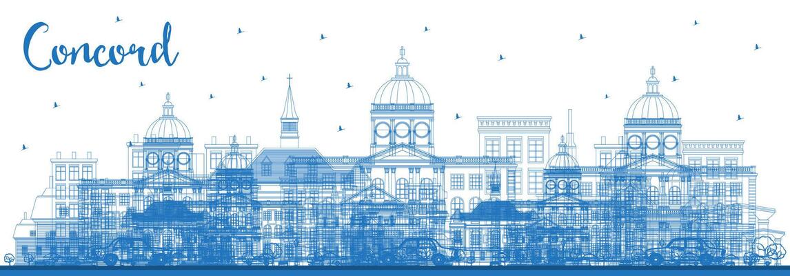 Outline Concord New Hampshire City Skyline with Blue Buildings. Business Travel and Tourism Concept with Historic and Modern Architecture. Concord Cityscape with Landmarks.