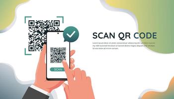 Hand holds smartphone to scan QR code for online payment, shopping transaction, share link website and contact information on mobile app  services. Template for website, landing page, ui, social media vector