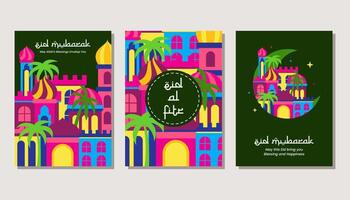 Set of eid mubarak al fitr islamic arabic mosque architecture illustration for a poster banner, cover template. vector illustration