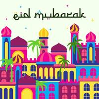 eid Mubarak antecedentes con árabe ciudad. vector ilustración
