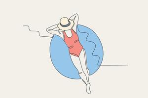 A woman enjoys sunbathing on the beach vector