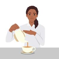Young woman pouring tea in cup from kettle. Smiling guy enjoy warm coffee. vector