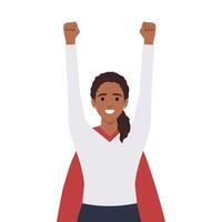 Young business woman flying with hands up. Career advancement. Cartoon girl in superhero mantle. vector