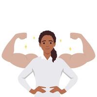 Young woman power, female self confidence, high esteem concept. Brave confident smiling woman standing showing biceps shadows. vector