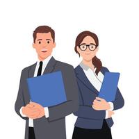 Smiling male and female businessperson holding Folder files Document. vector