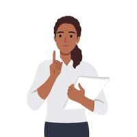 Young businesswoman office worker holding document file, chin up and thinking of something. vector