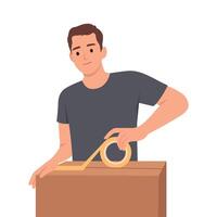 Man packs personal belongings into cardboard relocation box and seals lid with tape. Small business owner holding box and preparing goods ordered by customer for shipment. vector