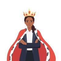 Young businesswoman in crown and robe feel successful. vector