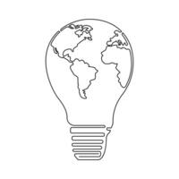 Continuous One line Earth globe inside of lightbulb and earth hour outline vector art illustration