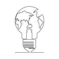 Continuous One line Earth globe inside of lightbulb and earth hour outline vector art illustration