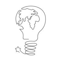 Continuous One line Earth globe inside of lightbulb and earth hour outline vector art illustration