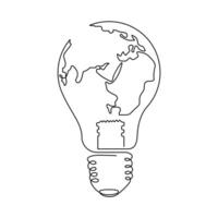 Continuous One line Earth globe inside of lightbulb and earth hour outline vector art illustration