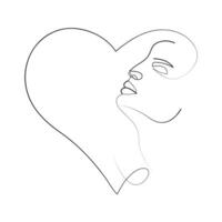 Continuous one line drawing of women face with heart shaped love line art illustration vector