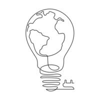 Continuous One line Earth globe inside of lightbulb and earth hour outline vector art illustration