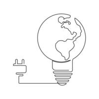 Continuous One line Earth globe inside of lightbulb and earth hour outline vector art illustration